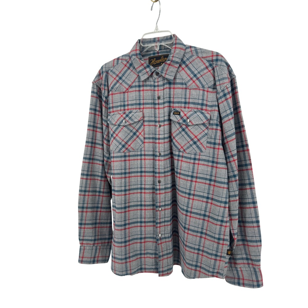 Howler Brothers Stockmon Flannel Snap Shirt Mens L Grey Red Plaid Pearl Snap